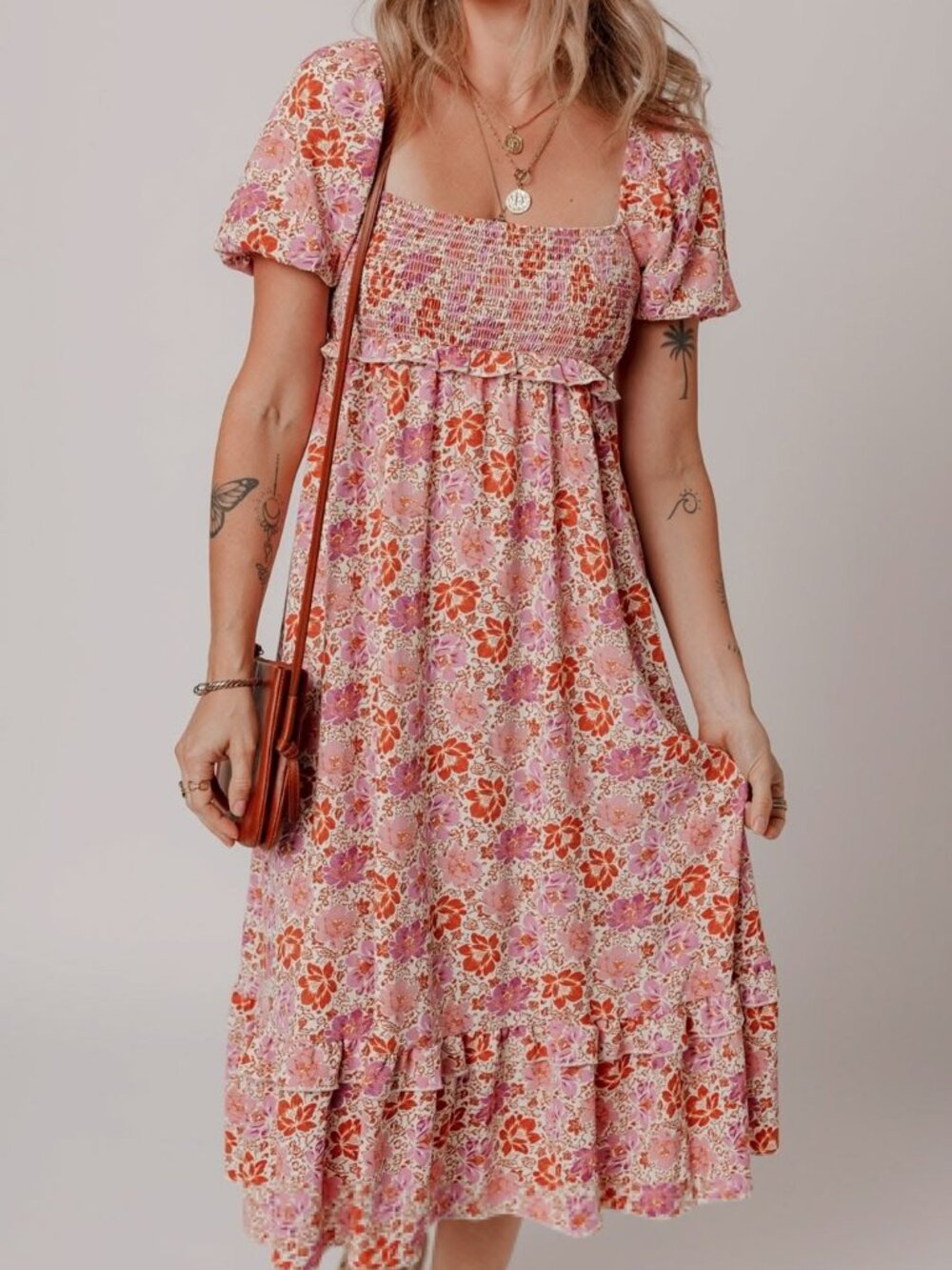 Altar'd State Women's Pink Floral Square Neck Knotted Ruffle Midi Dress Sz Large